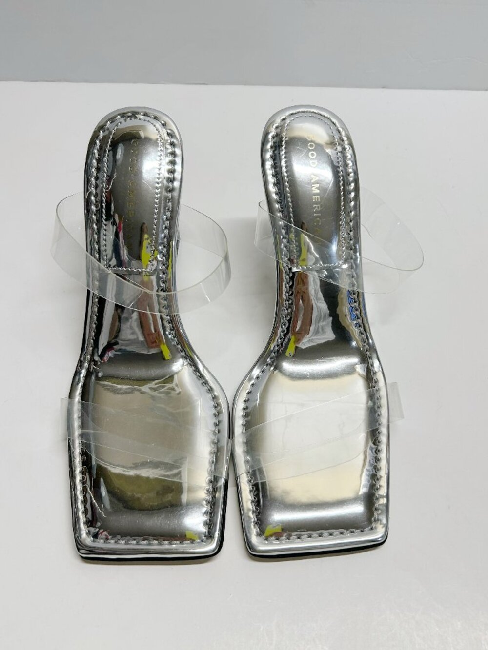 Good American Silver Mirrored Square-Toe Mule with Clear Straps